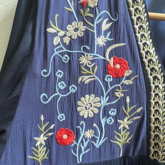 NEW Womens Floral V-Neck Embroidery Bohemian Flowy Love Blue Dress Long Sleeve L - Picture 5 of 10